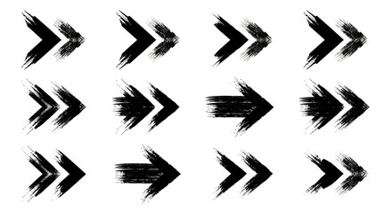Set of black grunge brush stroke arrows and chevrons pointing right on a white background.