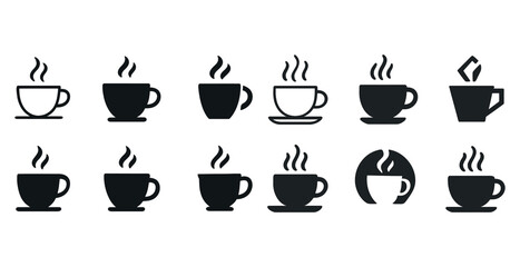 Collection of coffee cup icons with different styles and designs