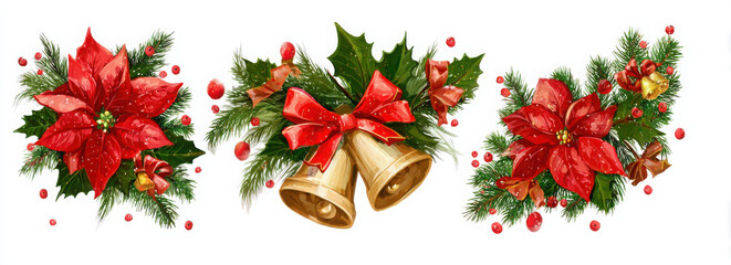 Festive Christmas decorations with poinsettias, bells, and holly, creating a holiday atmosphere.