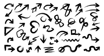 A large collection of hand-drawn black brushstroke arrows and various abstract shapes on a white background, illustrating different directions and styles.