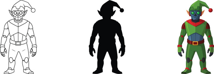 Line art, silhouette, and colorful vector illustration of an elf-robot character wearing a festive hat, showcasing fantasy and technology fusion.
