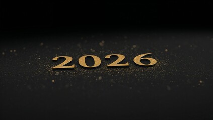 Fototapeta premium Golden year two thousand twenty six on a dark surface with scattered golden glitter particles around it