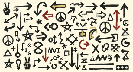 A diverse collection of hand-drawn arrows, peace signs, stars, and abstract symbols on a light background.