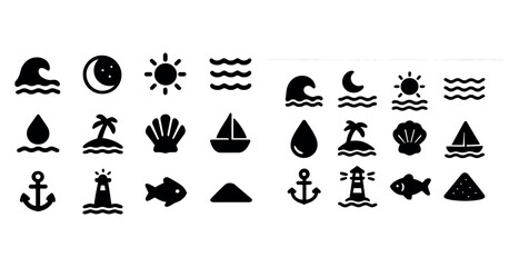 Obraz premium Set of nautical and beach icons featuring sun, moon, waves, anchor, lighthouse, shell, palm tree, fish, boat