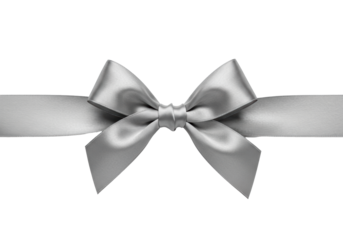 A luxurious silver satin ribbon meticulously tied into a perfectly symmetrical bow, shimmering on a pristine transparent studio background with high-key lighting. Concept of sophisticated luxury