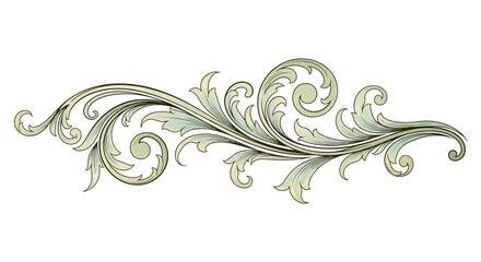 Elegant, detailed illustration of a decorative flourish, featuring swirling leaves and intricate scrollwork.