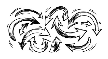 A collection of hand-drawn, sketchy black arrows pointing in various directions on a white background.