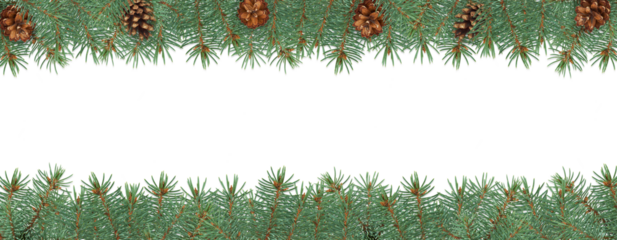 Christmas frame made of fir branches and pine cones isolated on white background. Natural festive border for holiday design, greeting cards, and winter decorations. PNG