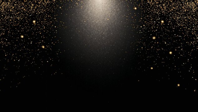 A black background with golden glitter falling from above and a light source at the top center