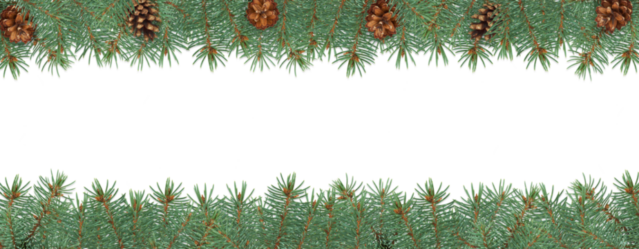 Christmas frame made of fir branches and pine cones isolated on white background. Natural festive border for holiday design, greeting cards, and winter decorations. PNG