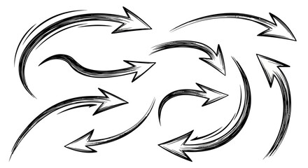 Collection of dynamic, hand-drawn sketch arrows with motion lines on a white background.