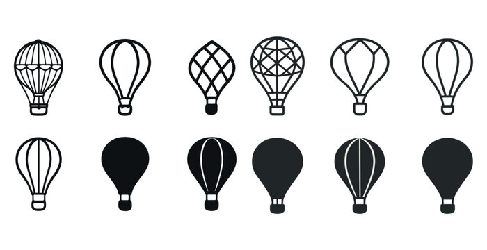 Set of twelve hot air balloon icons in black and white vector style