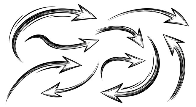 Collection of dynamic, hand-drawn sketch arrows with motion lines on a white background.