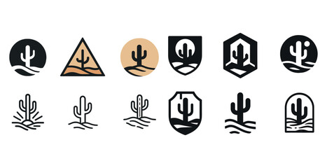 Collection of cactus and desert themed icons in various geometric shapes