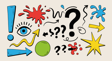 A collection of hand-drawn graphic elements including question marks, exclamation points, eyes, arrows, and splashes of color.