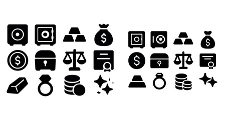 Black and white economic icons set with safe, coins, and gold bars symbols