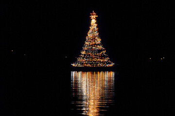 A beautifully illuminated Christmas tree with a star on top, reflecting in the calm water at night.