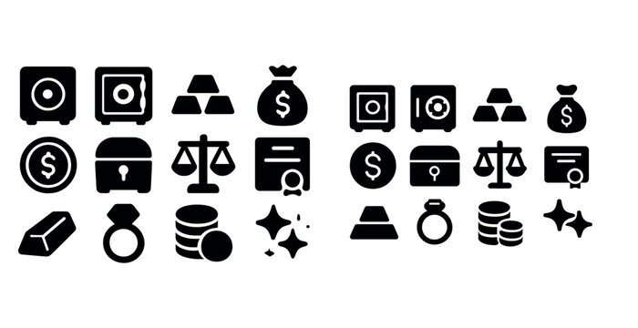 Black and white economic icons set with safe, coins, and gold bars symbols