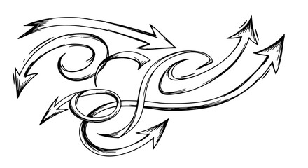 A detailed sketch of several arrows, each with a unique curve and direction, overlapping each other.