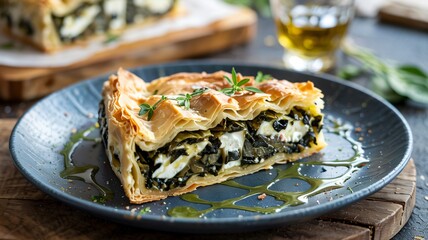Fototapeta premium Hyper detailed slice of traditional Greek spanakopita spinach feta pie