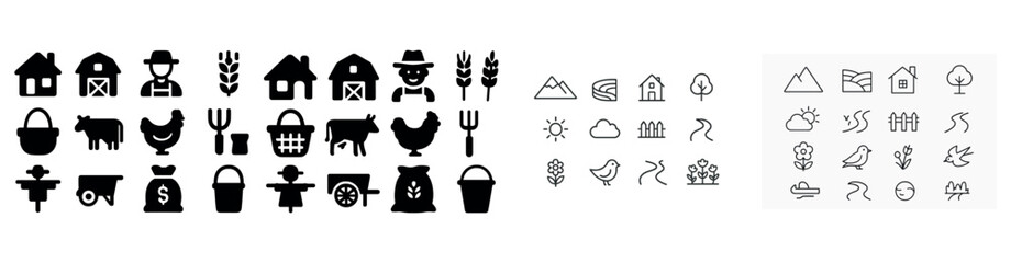 Fototapeta premium Icon set featuring agriculture, nature, and weather symbols