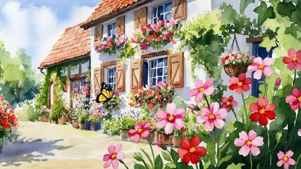 Watercolor style picturesque cottage featuring abundant colorful flowers in window boxes. A delicate butterfly lands amongst garden blossoms. Sunny day, 