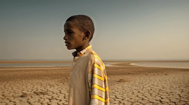 Hungry boy walking on cracked dry land, back view, drought and poverty concept