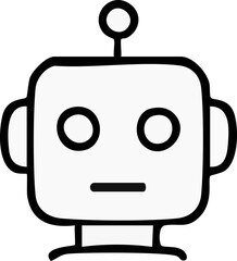 A simple black-and-white robot face icon with round eyes, a straight mouth, and a small antenna on top.