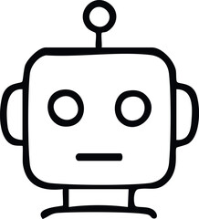 A simple black-and-white robot face icon with round eyes, a straight mouth, and a small antenna on top.