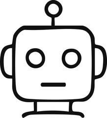 A simple black-and-white robot face icon with round eyes, a straight mouth, and a small antenna on top.