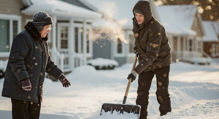 Neighbor Assisting Elderly Person by Shoveling Snow in a Residential Area for Community Support, Winter Awareness, and Social Responsibility Blogs