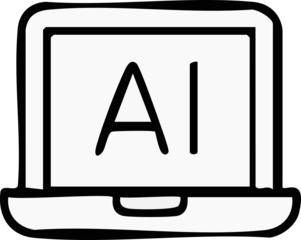 A simple black-and-white icon of a laptop displaying the letters “AI” on its screen, representing artificial intelligence technology.