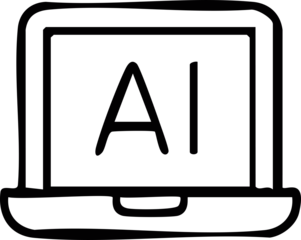 A simple black-and-white icon of a laptop displaying the letters “AI” on its screen, representing artificial intelligence technology.