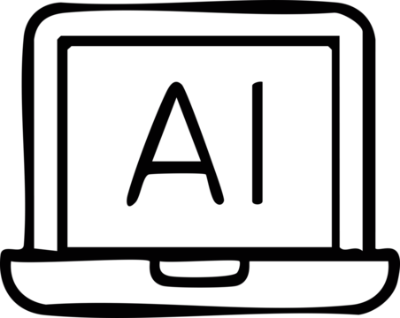 A simple black-and-white icon of a laptop displaying the letters “AI” on its screen, representing artificial intelligence technology.
