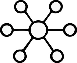 A minimal black-and-white network icon showing one central circle connected to five surrounding nodes, symbolizing communication, connectivity, and data links.