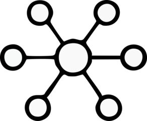A minimal black-and-white network icon showing one central circle connected to five surrounding nodes, symbolizing communication, connectivity, and data links.