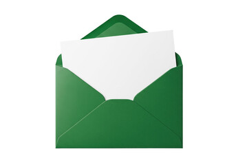 Open dark green envelope containing a blank white card, ideal for holiday messages, invitations, or greetings on transparent background