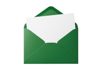 Open dark green envelope containing a blank white card, ideal for holiday messages, invitations, or greetings on transparent background