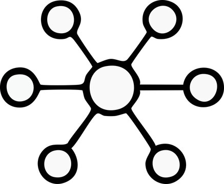 A minimal black-and-white network icon showing one central circle connected to five surrounding nodes, symbolizing communication, connectivity, and data links.