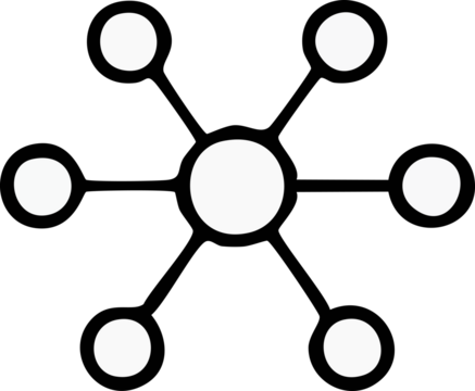 A minimal black-and-white network icon showing one central circle connected to five surrounding nodes, symbolizing communication, connectivity, and data links.