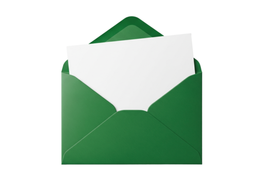 Open dark green envelope containing a blank white card, ideal for holiday messages, invitations, or greetings on transparent background