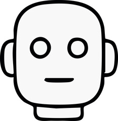 A simple black-and-white robot face icon with round eyes, a small straight mouth, and minimal geometric features.