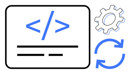 Coding tag with programming lines, gear for settings, and looping arrows for updates. Ideal for programming, development, automation, optimization, system updates, coding education agile workflow