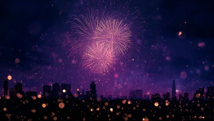Fireworks exploding over a city skyline at night with bokeh lights in the foreground and purple sky