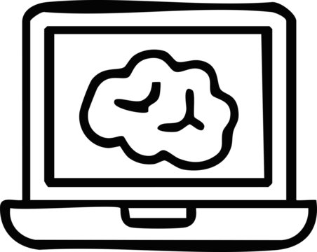 A simple black-and-white line icon showing a laptop screen displaying a stylized brain symbol, representing digital learning, AI, or online education. - Powered by Adobe