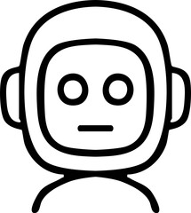 A simple black-and-white line illustration of a friendly robot face with round eyes, a small straight mouth, and a smooth rounded head.