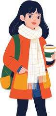A stylish girl dressed in a warm orange coat, long scarf, and backpack holds a takeaway coffee while standing calmly in a cozy autumn-winter scene.
