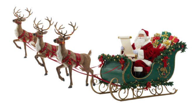 Jolly Santa, long white beard, red velvet suit, holding scroll, emerald sleigh with presents, pulled by eight glowing reindeer on white studio background, Christmas magic concept