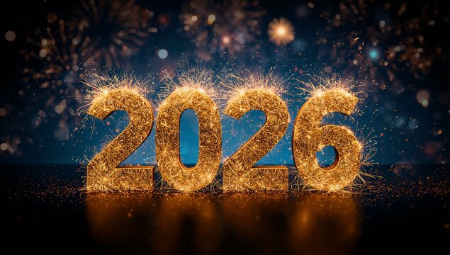 Golden sparkler numbers forming year two thousand twenty six with fireworks in the background at night