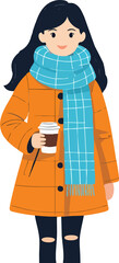 A cheerful girl in a warm orange coat and blue scarf holds a takeaway coffee cup while standing outdoors in a cozy winter outfit.